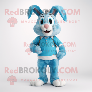 Cyan Wild Rabbit mascot costume character dressed with a Polo Tee and Shoe laces