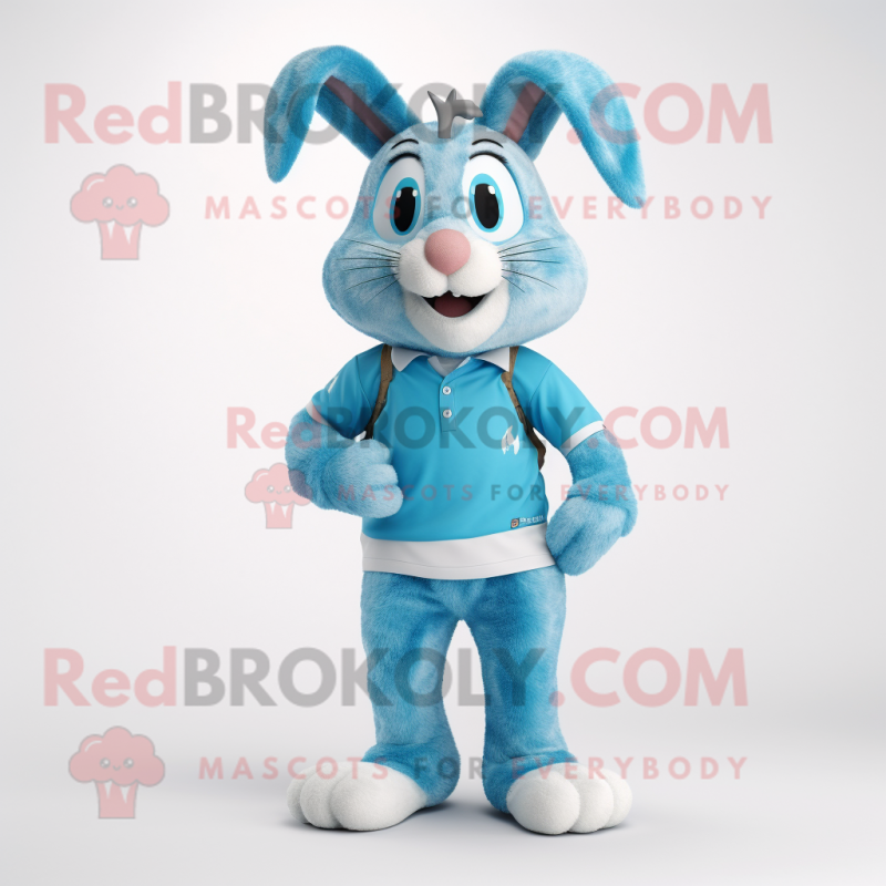 Cyan Wild Rabbit mascot costume character dressed with a Polo Tee and Shoe laces Cyan Wild Rabbit mascot costume character dressed with a Polo Tee and Shoe laces