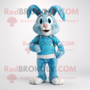 Cyan Wild Rabbit mascot costume character dressed with a Polo Tee and Shoe laces