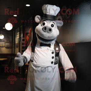 Silver Steak mascot costume character dressed with a Coat and Suspenders