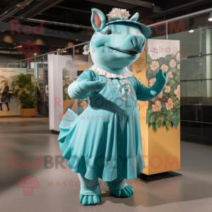 Teal Rhinoceros mascot costume character dressed with a Maxi Dress and Berets
