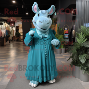 Teal Rhinoceros mascot costume character dressed with a Maxi Dress and Berets