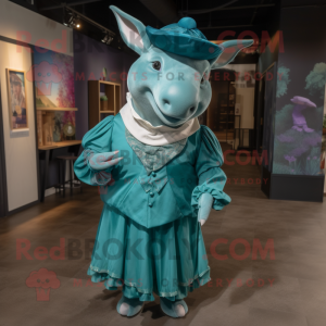 Teal Rhinoceros mascot costume character dressed with a Maxi Dress and Berets