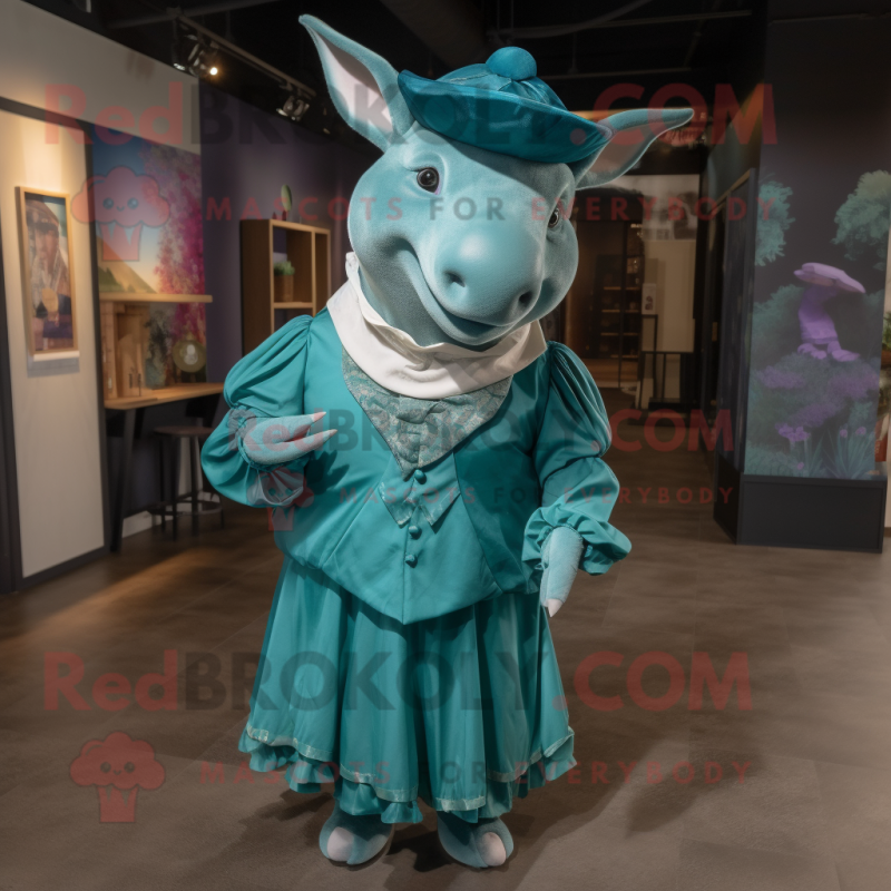 Teal Rhinoceros mascot costume character dressed with a Maxi Dress and Berets Teal Rhinoceros mascot costume character dressed with a Maxi Dress and Berets