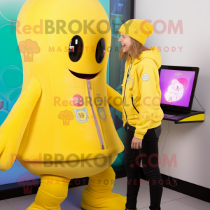 Yellow Jellyfish mascot costume character dressed with a Jeggings and Digital watches