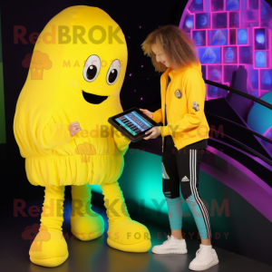 Yellow Jellyfish mascot costume character dressed with a Jeggings and Digital watches