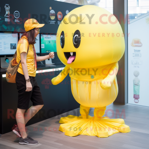 Yellow Jellyfish mascot costume character dressed with a Jeggings and Digital watches