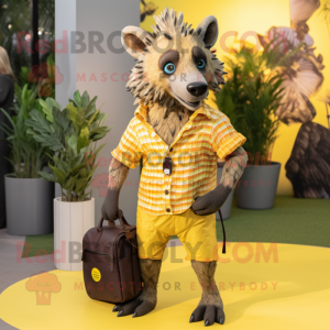 Yellow Hyena mascot costume character dressed with a Poplin Shirt and Handbags