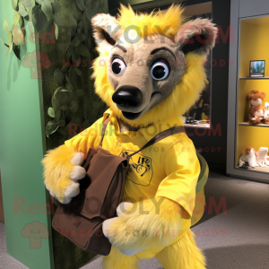 Yellow Hyena mascot costume character dressed with a Poplin Shirt and Handbags