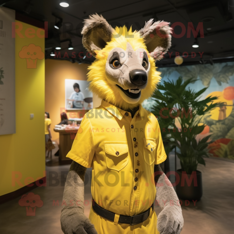 Yellow Hyena mascot costume character dressed with a Poplin Shirt and Handbags