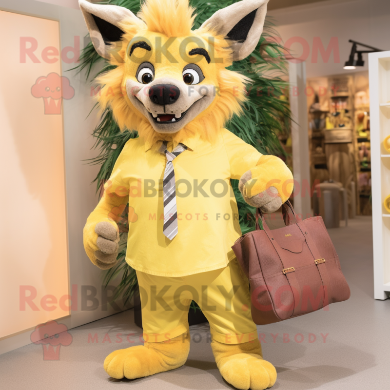 Yellow Hyena mascot costume character dressed with a Poplin Shirt and Handbags Yellow Hyena mascot costume character dressed with a Poplin Shirt and Handbags