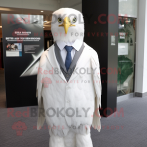 White Haast'S Eagle mascot costume character dressed with a Suit Jacket and Shawl pins