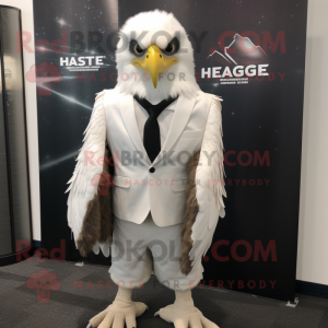 White Haast'S Eagle mascot costume character dressed with a Suit Jacket and Shawl pins