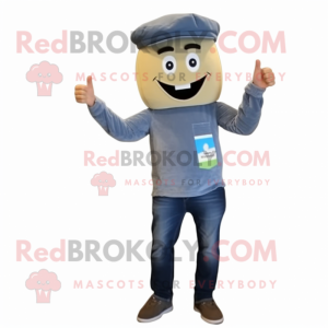 Gray Pesto Pasta mascot costume character dressed with a Denim Shirt and Beanies
