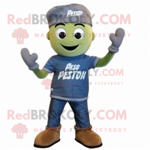 Gray Pesto Pasta mascot costume character dressed with a Denim Shirt and Beanies