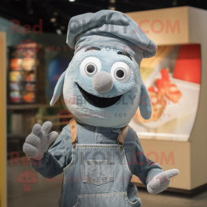 Gray Pesto Pasta mascot costume character dressed with a Denim Shirt and Beanies