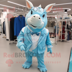 Sky Blue Rhinoceros mascot costume character dressed with a Capri Pants and Brooches