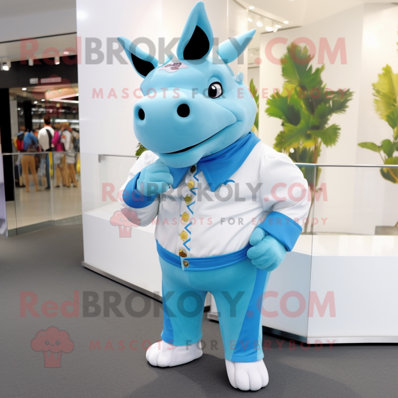 Sky Blue Rhinoceros mascot costume character dressed with a Capri Pants and Brooches Sky Blue Rhinoceros mascot costume character dressed with a Capri Pants and Brooches