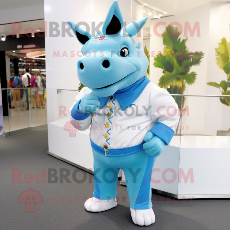 Sky Blue Rhinoceros mascot costume character dressed with a Capri Pants and Brooches