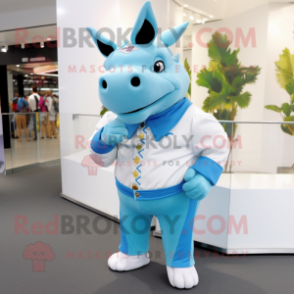 Sky Blue Rhinoceros mascot costume character dressed with a Capri Pants and Brooches