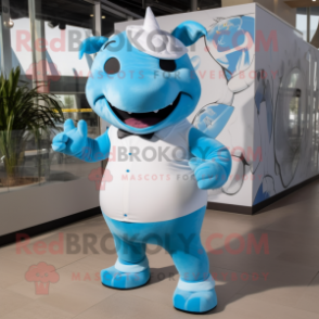 Sky Blue Rhinoceros mascot costume character dressed with a Capri Pants and Brooches