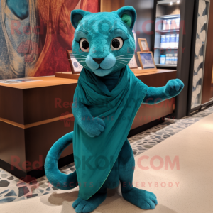 Teal Jaguarundi mascot costume character dressed with a Playsuit and Shawl pins