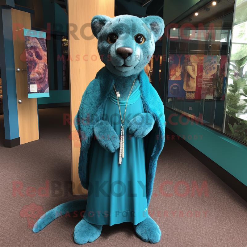 Teal Jaguarundi mascot costume character dressed with a Playsuit and Shawl pins