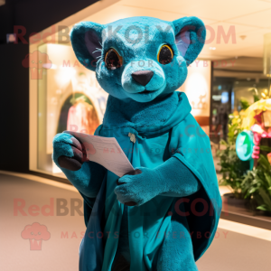 Teal Jaguarundi mascot costume character dressed with a Playsuit and Shawl pins