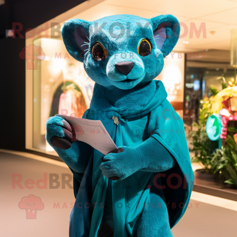 Teal Jaguarundi mascot costume character dressed with a Playsuit and Shawl pins Teal Jaguarundi mascot costume character dressed with a Playsuit and Shawl pins