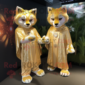 Gold Lynx mascot costume character dressed with a Wrap Dress and Brooches