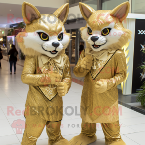 Gold Lynx mascot costume character dressed with a Wrap Dress and Brooches