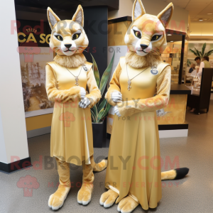 Gold Lynx mascot costume character dressed with a Wrap Dress and Brooches