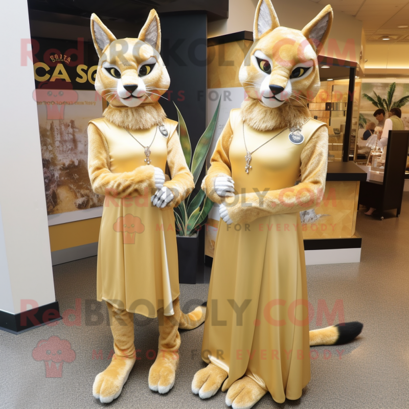 Gold Lynx mascot costume character dressed with a Wrap Dress and Brooches Gold Lynx mascot costume character dressed with a Wrap Dress and Brooches