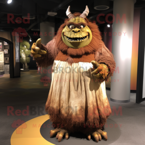 Brown Ogre mascot costume character dressed with a Maxi Dress and Cummerbunds