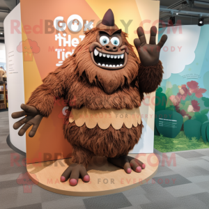 Brown Ogre mascot costume character dressed with a Maxi Dress and Cummerbunds