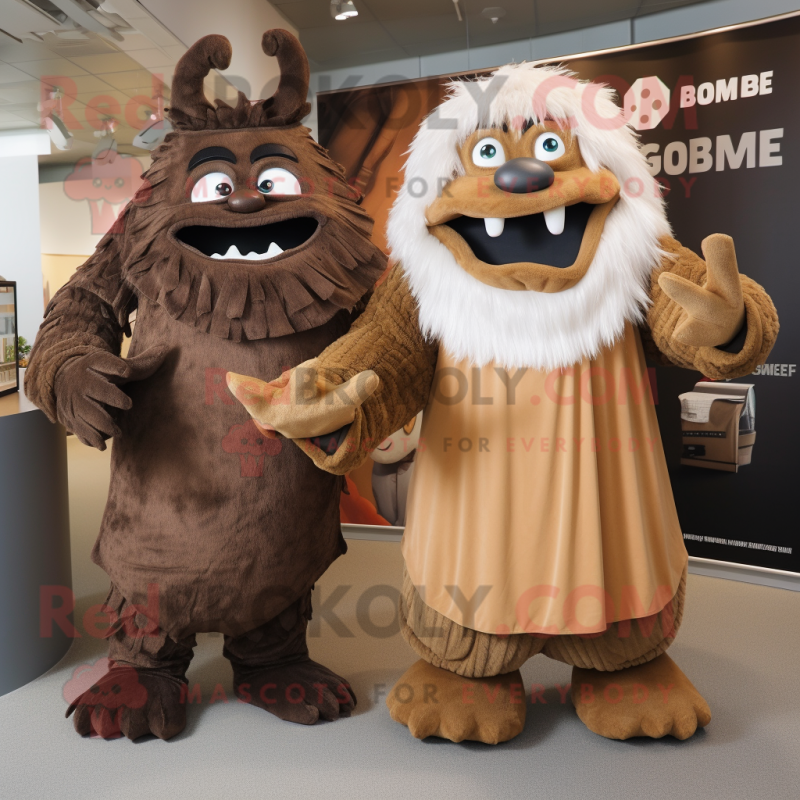 Brown Ogre mascot costume character dressed with a Maxi Dress and Cummerbunds