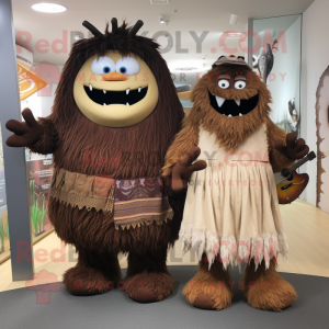 Brown Ogre mascot costume character dressed with a Maxi Dress and Cummerbunds