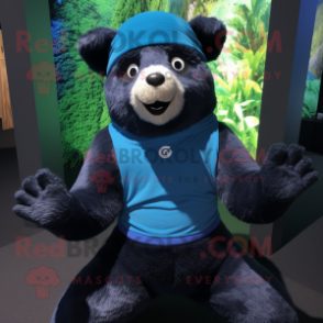 Blue Spectacled Bear mascot costume character dressed with a Yoga Pants and Beanies