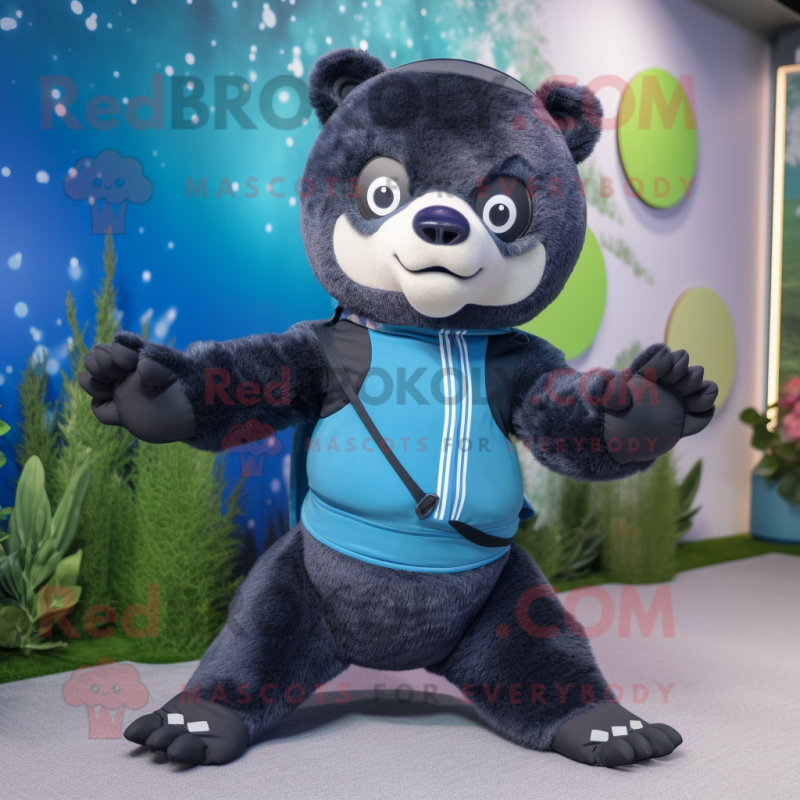 Blue Spectacled Bear mascot costume character dressed with a Yoga Pants and Beanies