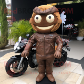 Brown Wedding Cake mascot costume character dressed with a Moto Jacket and Anklets