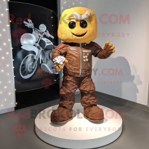 Brown Wedding Cake mascot costume character dressed with a Moto Jacket and Anklets