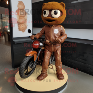 Brown Wedding Cake mascot costume character dressed with a Moto Jacket and Anklets