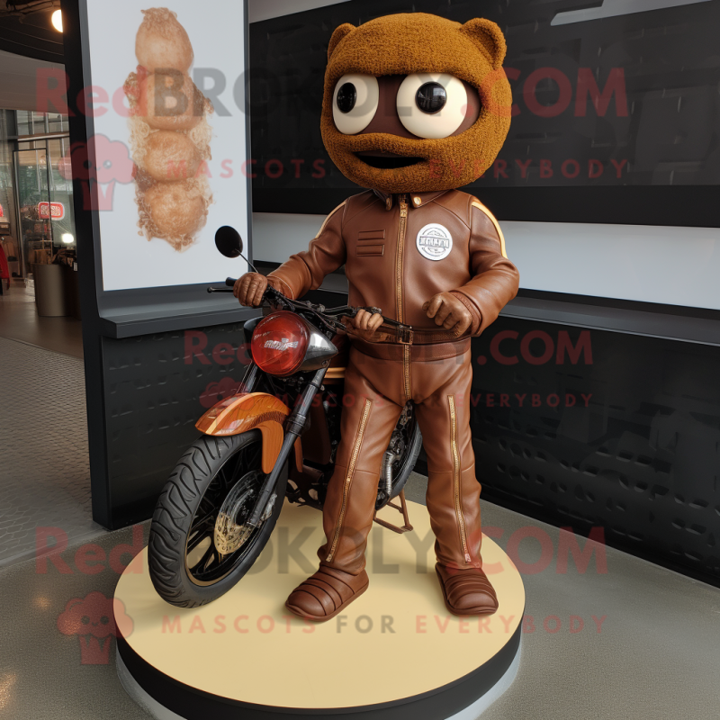 Brown Wedding Cake mascot costume character dressed with a Moto Jacket and Anklets Brown Wedding Cake mascot costume character dressed with a Moto Jacket and Anklets