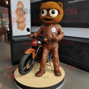 Brown Wedding Cake mascot costume character dressed with a Moto Jacket and Anklets