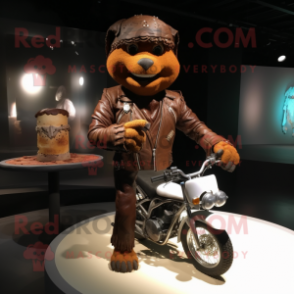 Brown Wedding Cake mascot costume character dressed with a Moto Jacket and Anklets