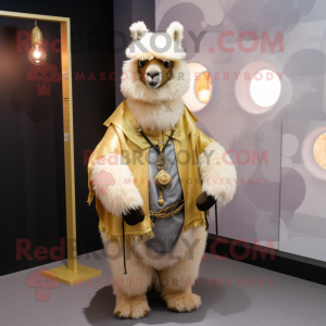 Gold Alpaca mascot costume character dressed with a Vest and Shawl pins