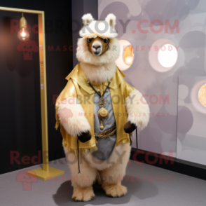 Gold Alpaca mascot costume character dressed with a Vest and Shawl pins