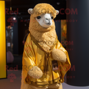 Gold Alpaca mascot costume character dressed with a Vest and Shawl pins