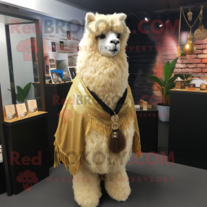 Gold Alpaca mascot costume character dressed with a Vest and Shawl pins