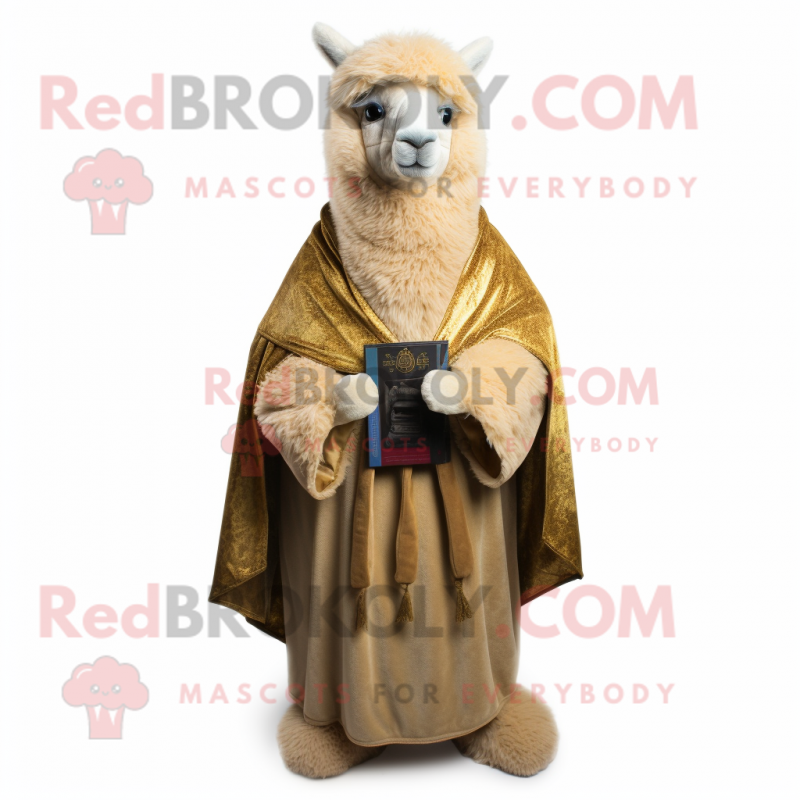 Gold Alpaca mascot costume character dressed with a Vest and Shawl pins